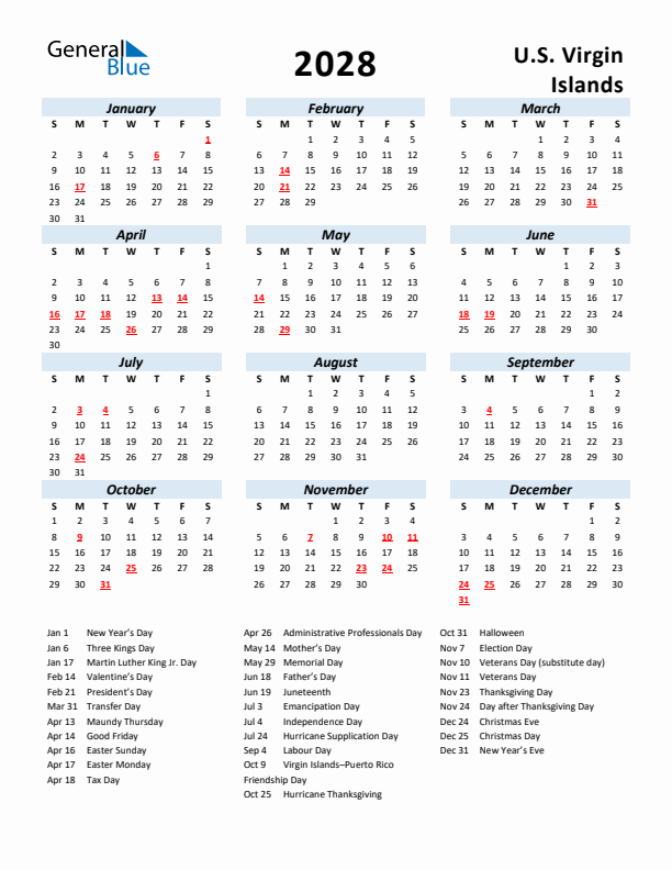 2028 Calendar for U.S. Virgin Islands with Holidays