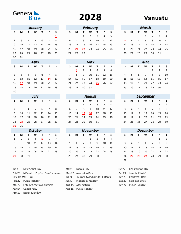 2028 Calendar for Vanuatu with Holidays