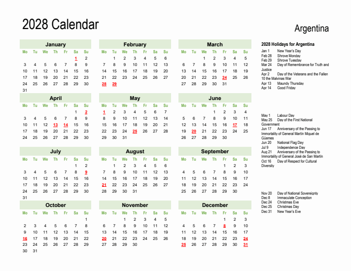 Holiday Calendar 2028 for Argentina (Monday Start)