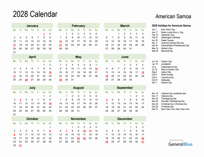 Holiday Calendar 2028 for American Samoa (Monday Start)