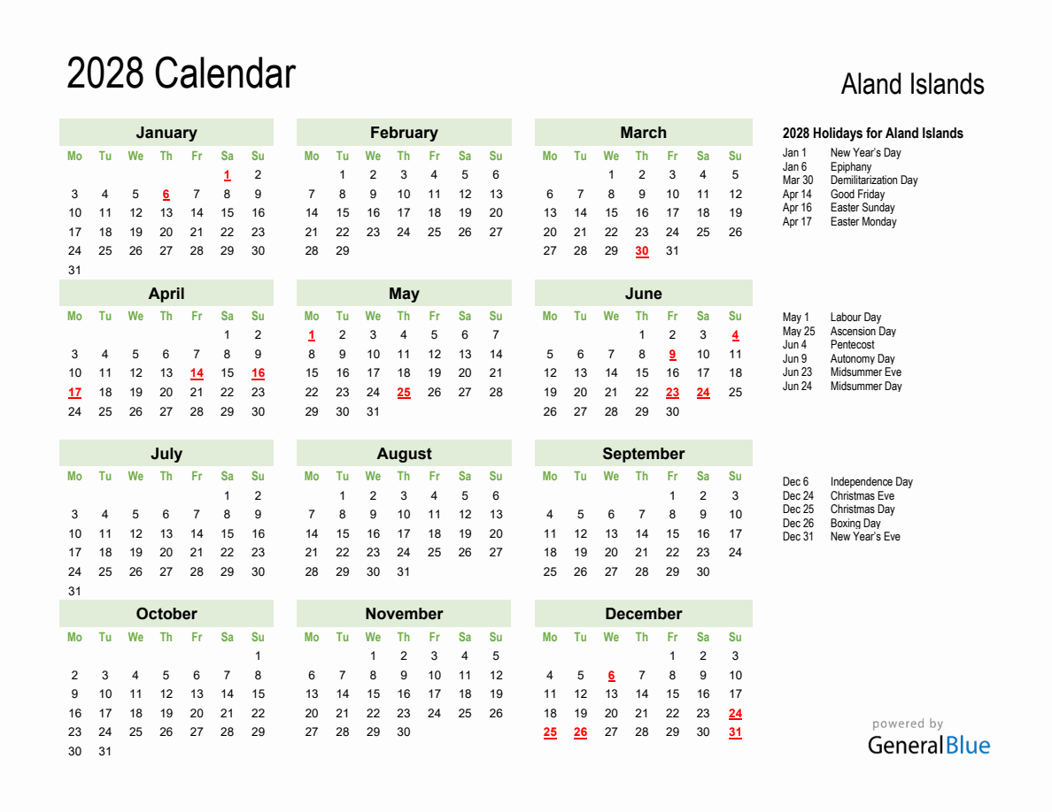 Holiday Calendar 2028 for Aland Islands - Monday Start
