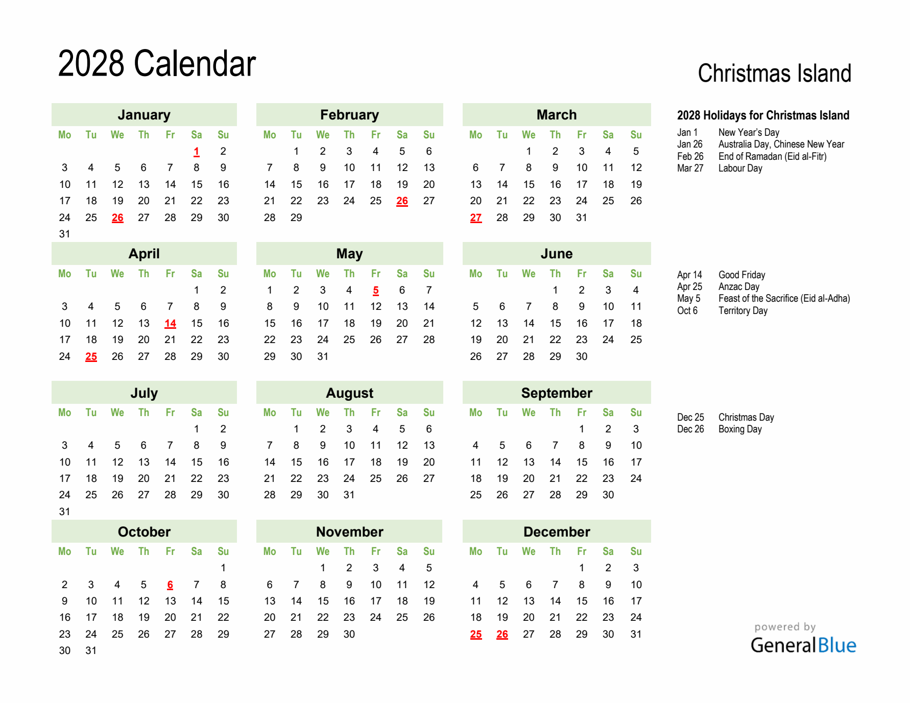 Holiday Calendar 2028 for Christmas Island (Monday Start)