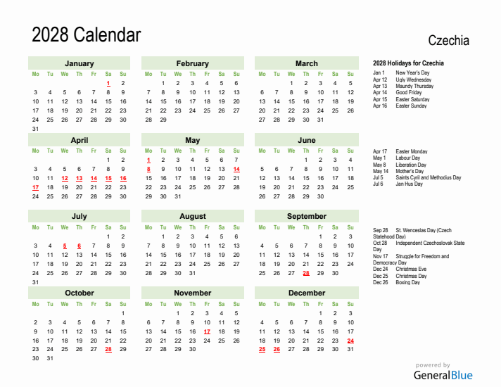 Holiday Calendar 2028 for Czechia (Monday Start)