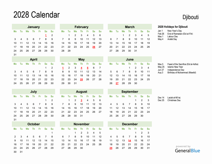 Holiday Calendar 2028 for Djibouti (Monday Start)