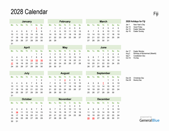 Holiday Calendar 2028 for Fiji (Monday Start)