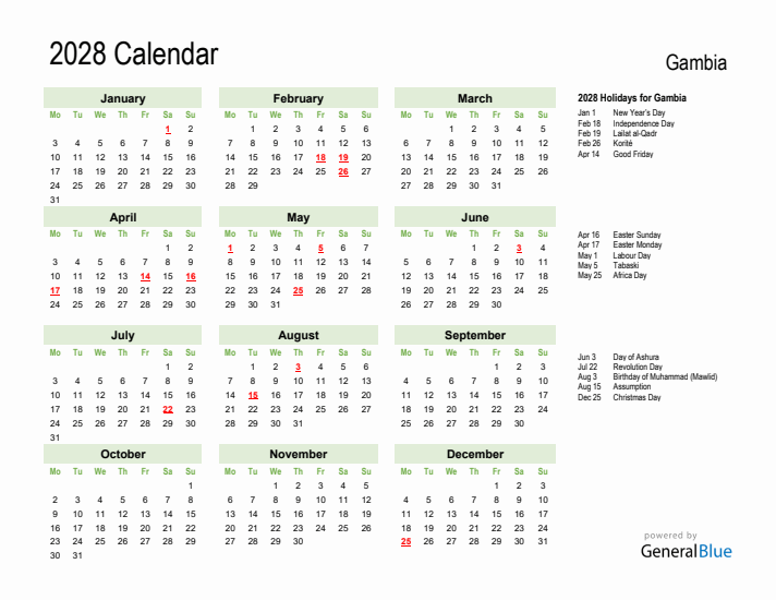 Holiday Calendar 2028 for Gambia (Monday Start)