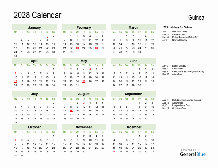 Holiday Calendar 2028 for Guinea (Monday Start)
