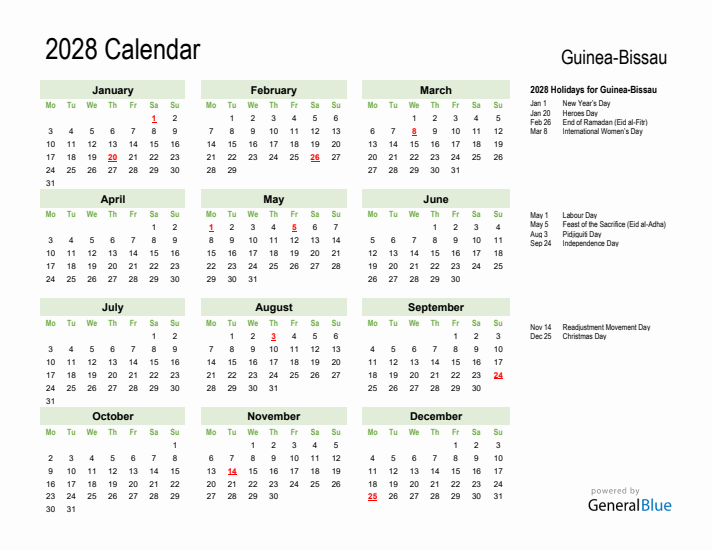 Holiday Calendar 2028 for Guinea-Bissau (Monday Start)