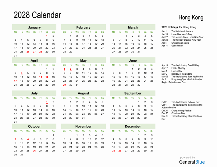 Holiday Calendar 2028 for Hong Kong (Monday Start)
