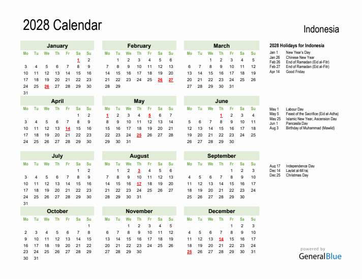 Holiday Calendar 2028 for Indonesia (Monday Start)