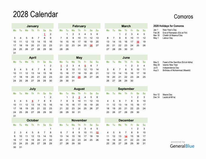 Holiday Calendar 2028 for Comoros (Monday Start)