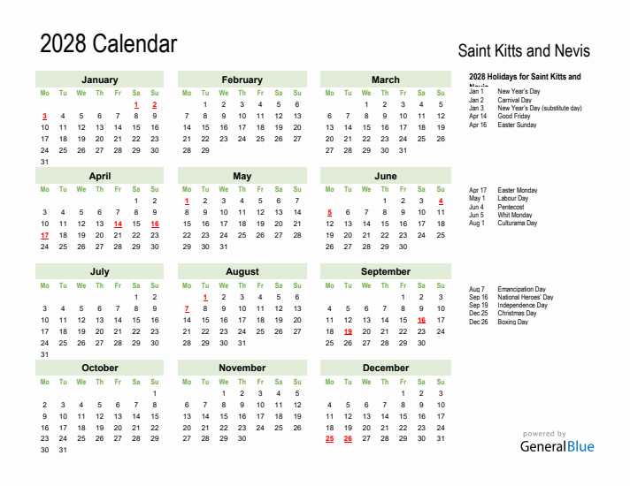 Holiday Calendar 2028 for Saint Kitts and Nevis (Monday Start)
