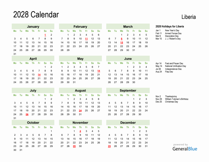 Holiday Calendar 2028 for Liberia (Monday Start)