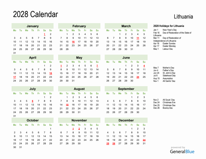 Holiday Calendar 2028 for Lithuania (Monday Start)
