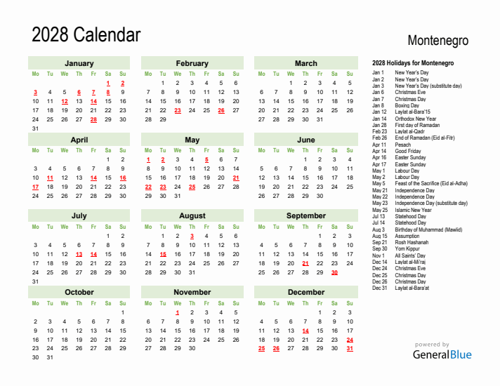 Holiday Calendar 2028 for Montenegro (Monday Start)