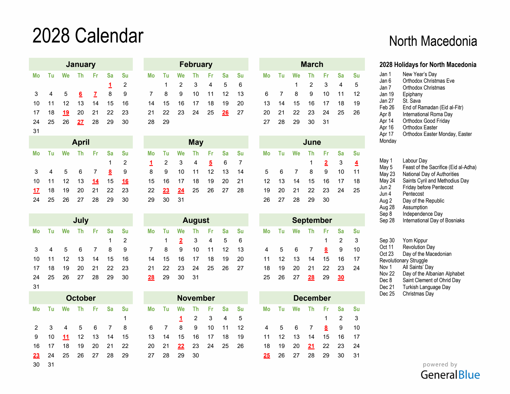 Holiday Calendar 2028 for North Macedonia (Monday Start)