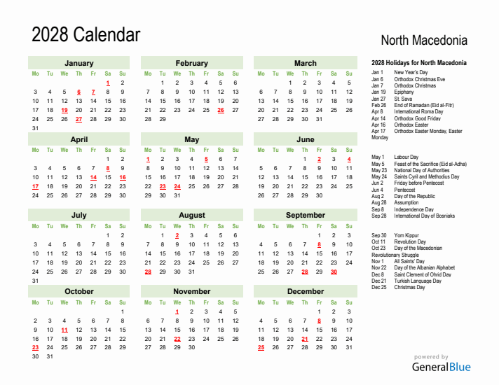 Holiday Calendar 2028 for North Macedonia (Monday Start)