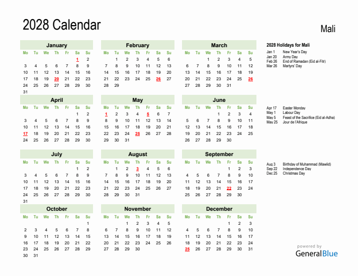 Holiday Calendar 2028 for Mali (Monday Start)