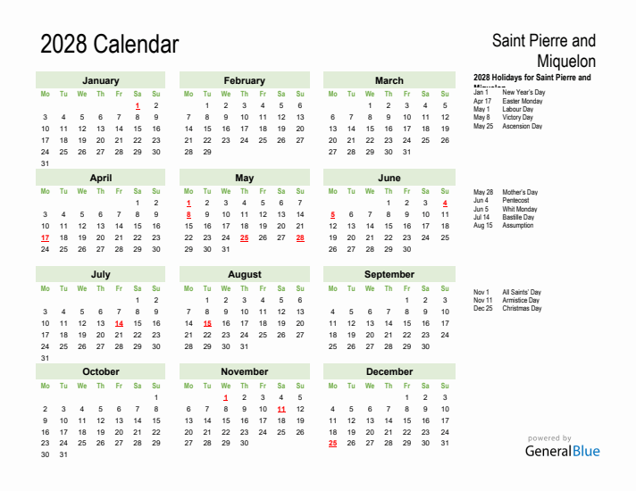 Holiday Calendar 2028 for Saint Pierre and Miquelon (Monday Start)