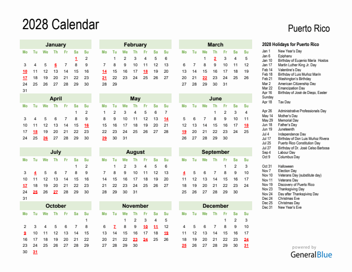 Holiday Calendar 2028 for Puerto Rico (Monday Start)