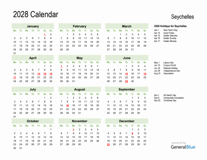 Holiday Calendar 2028 for Seychelles (Monday Start)