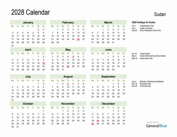 Holiday Calendar 2028 for Sudan (Monday Start)