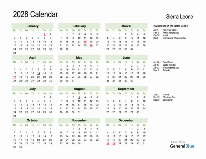 Holiday Calendar 2028 for Sierra Leone (Monday Start)