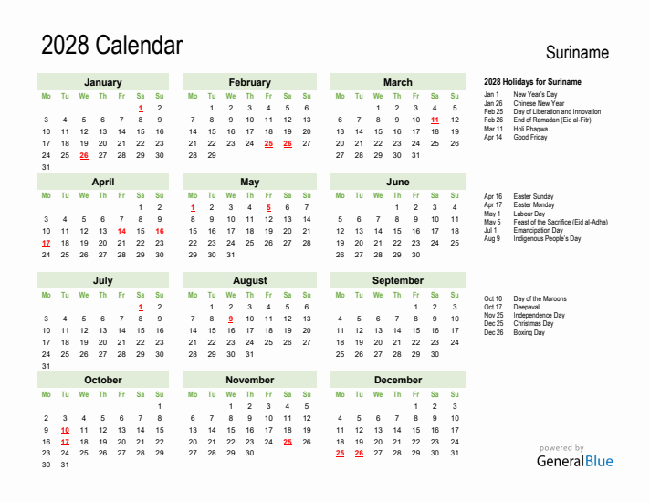 Holiday Calendar 2028 for Suriname (Monday Start)