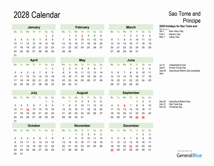 Holiday Calendar 2028 for Sao Tome and Principe (Monday Start)
