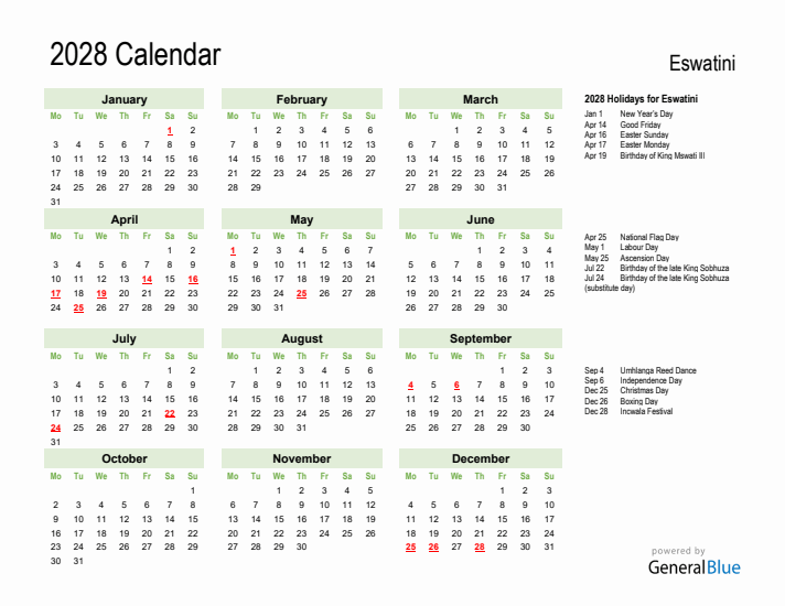 Holiday Calendar 2028 for Eswatini (Monday Start)