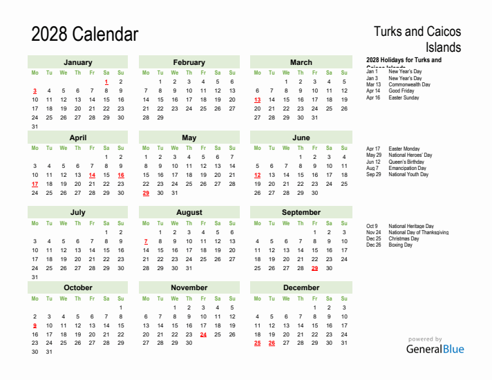 Holiday Calendar 2028 for Turks and Caicos Islands (Monday Start)