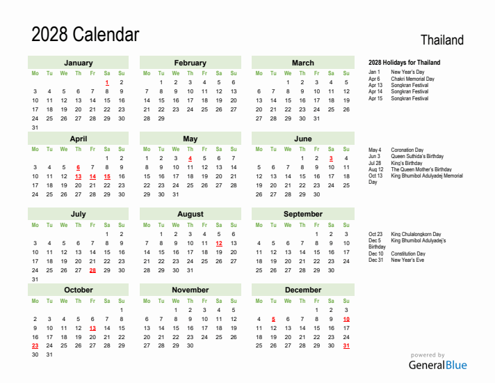 Holiday Calendar 2028 for Thailand (Monday Start)