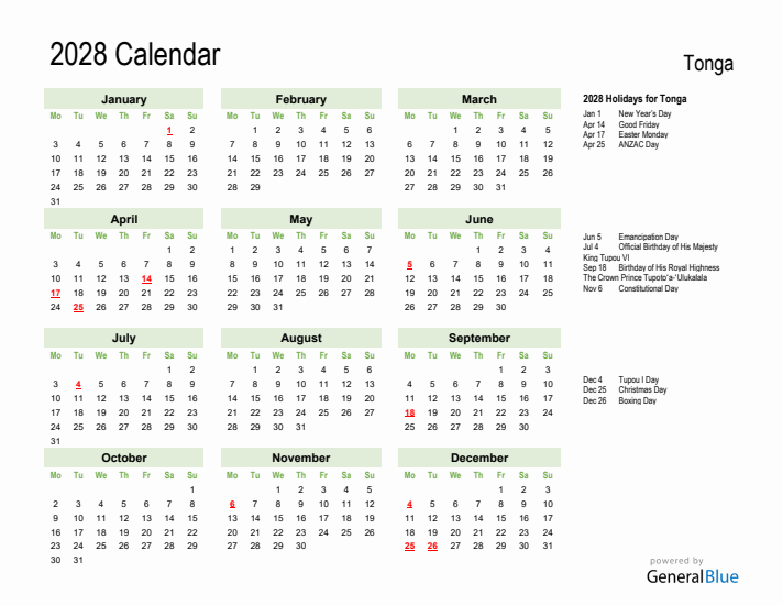 Holiday Calendar 2028 for Tonga (Monday Start)