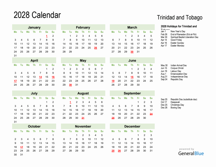 Holiday Calendar 2028 for Trinidad and Tobago (Monday Start)