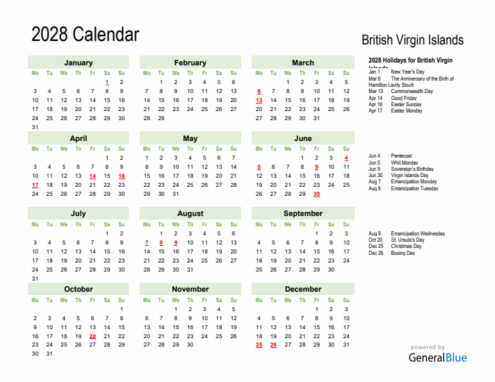 Holiday Calendar 2028 for British Virgin Islands (Monday Start)
