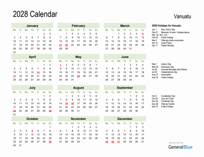 Holiday Calendar 2028 for Vanuatu (Monday Start)