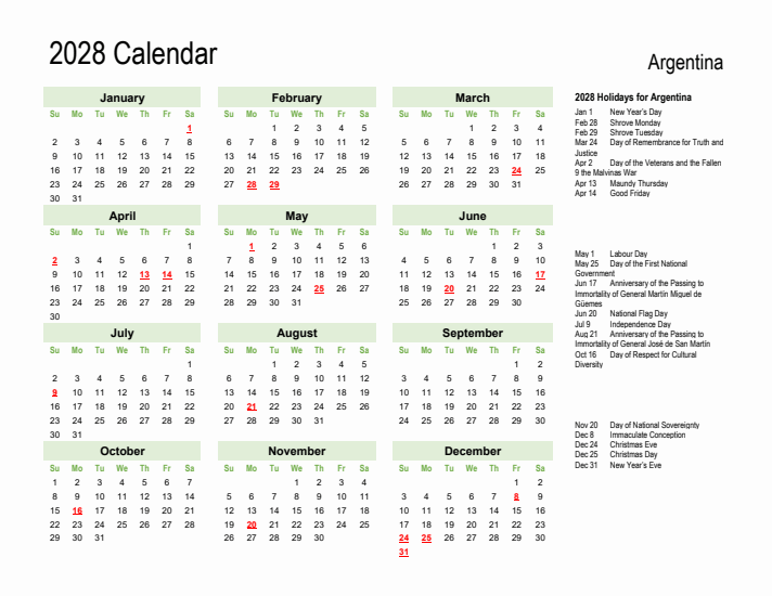 Holiday Calendar 2028 for Argentina (Sunday Start)
