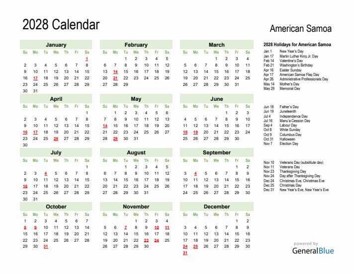 Holiday Calendar 2028 for American Samoa (Sunday Start)