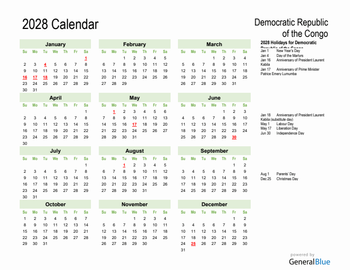 Holiday Calendar 2028 for Democratic Republic of the Congo (Sunday Start)