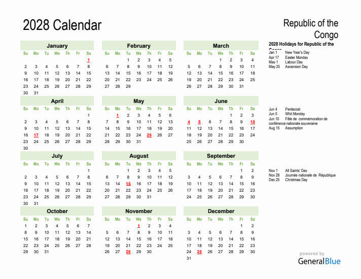 Holiday Calendar 2028 for Republic of the Congo (Sunday Start)