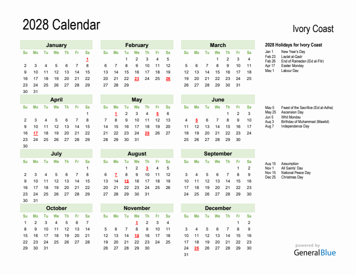 Holiday Calendar 2028 for Ivory Coast (Sunday Start)