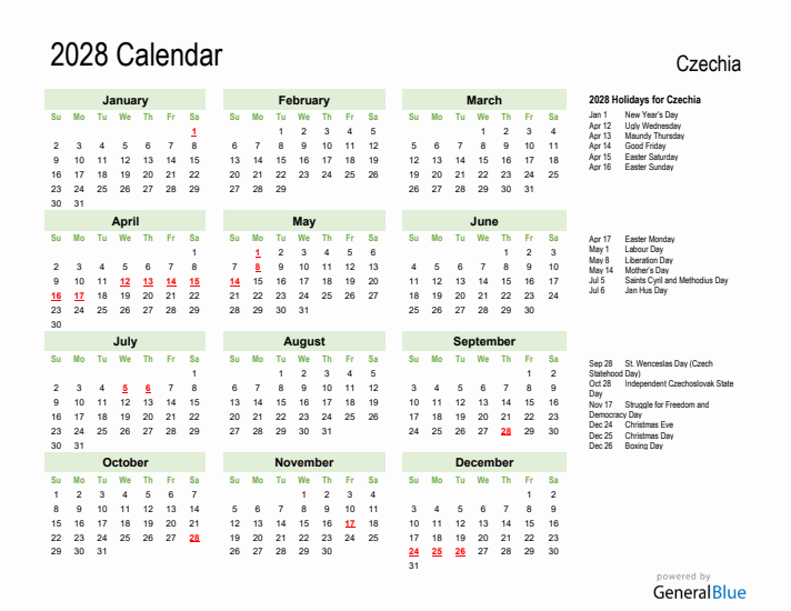 Holiday Calendar 2028 for Czechia (Sunday Start)