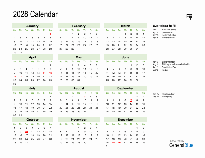 Holiday Calendar 2028 for Fiji (Sunday Start)