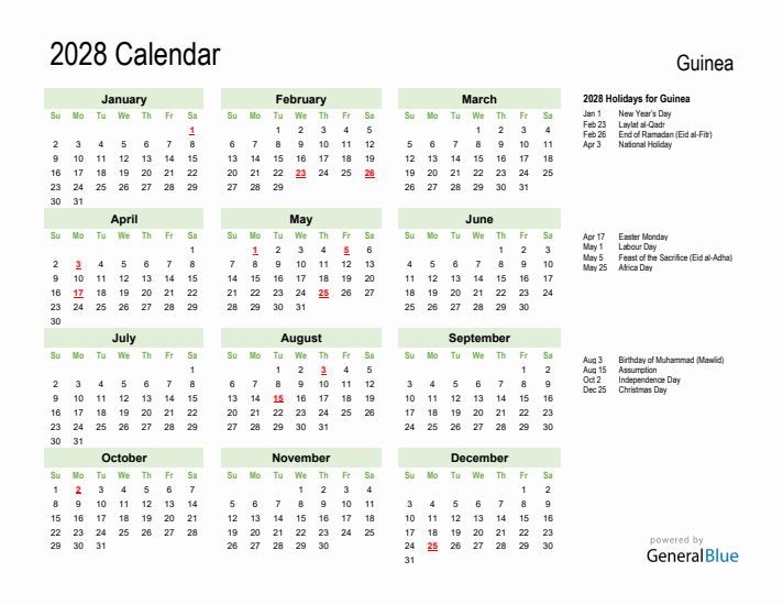 Holiday Calendar 2028 for Guinea (Sunday Start)