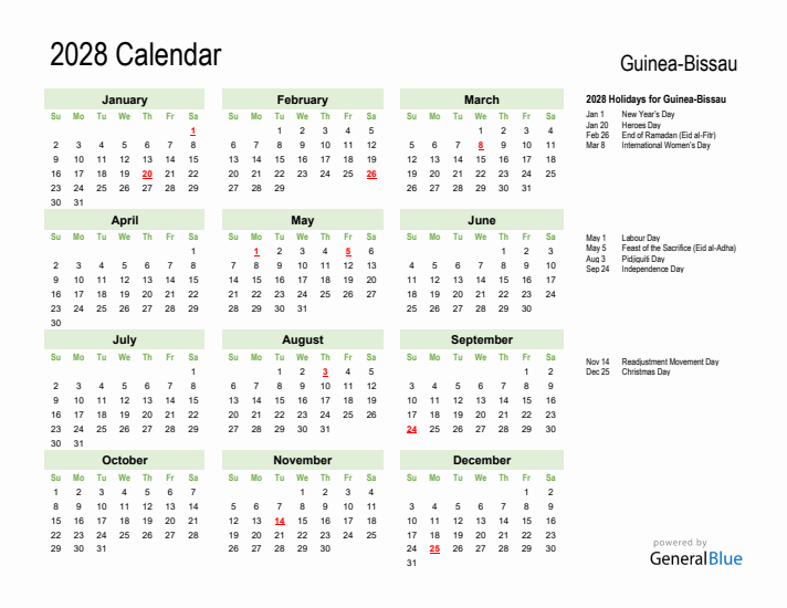 Holiday Calendar 2028 for Guinea-Bissau (Sunday Start)