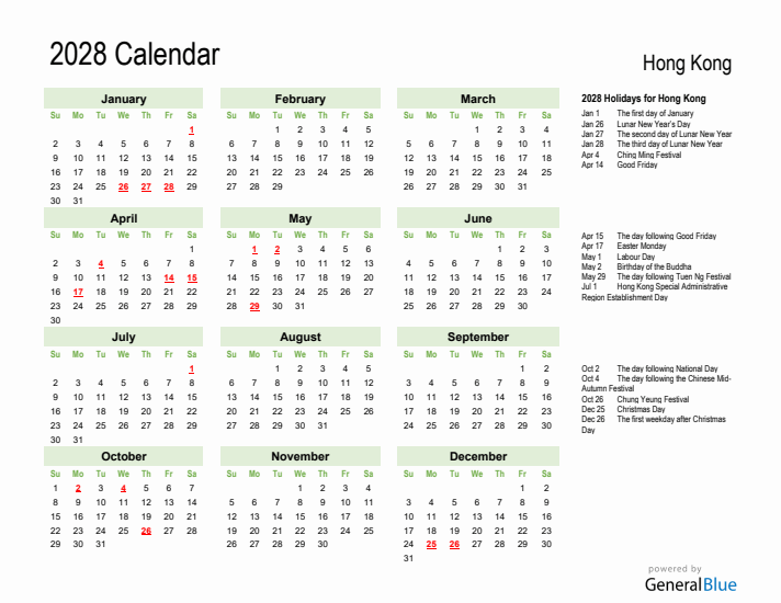 Holiday Calendar 2028 for Hong Kong (Sunday Start)