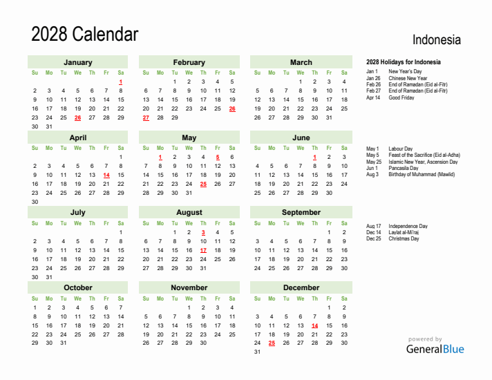 Holiday Calendar 2028 for Indonesia (Sunday Start)