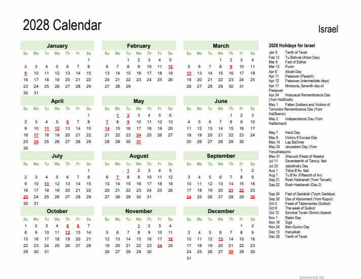 Holiday Calendar 2028 for Israel (Sunday Start)