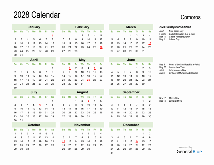 Holiday Calendar 2028 for Comoros (Sunday Start)