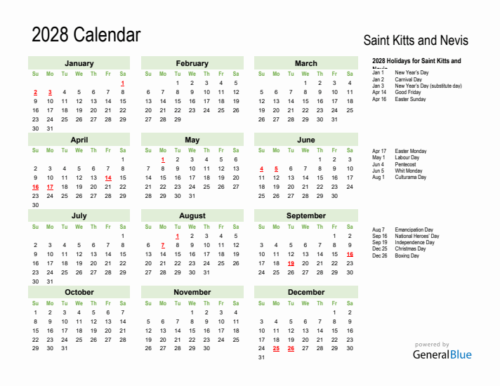 Holiday Calendar 2028 for Saint Kitts and Nevis (Sunday Start)